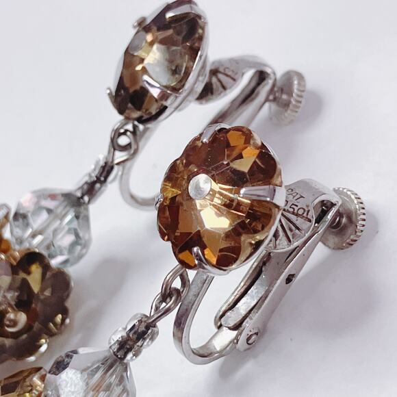 VTG Signed Vendome Mid Century Earrings Crystal Dangling Drop Clip On Sparkling - Picture 3 of 13